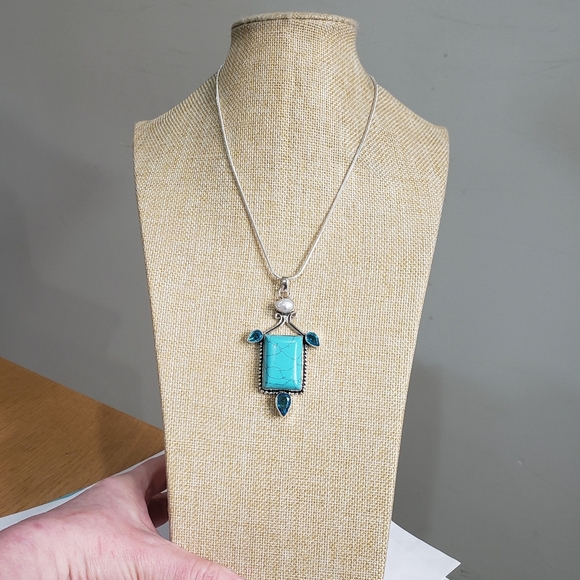 Turquoise necklace, 925 silver turquoise blue topaz pendant necklace - Picture 4 of 14